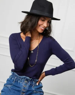 Soft Cashmere Pulls|Pull Romane à Col V marine