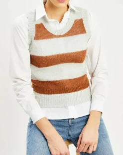 Bellerose Pulls|Pull sans manches en Mohair & Laine mélangés Timken rayé écru/camel