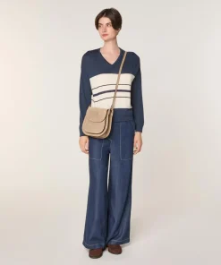 Rodier Pulls|Pull Saoirse 100% Laine col V rayures bleu denim