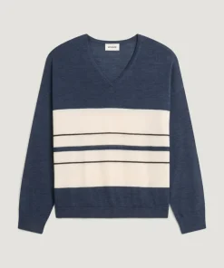 Rodier Pulls|Pull Saoirse 100% Laine col V rayures bleu denim