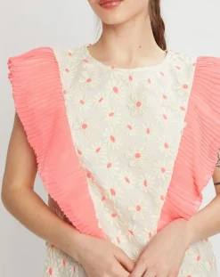 Manoush Robes|Robe brodée Daisy écru/rose fluo