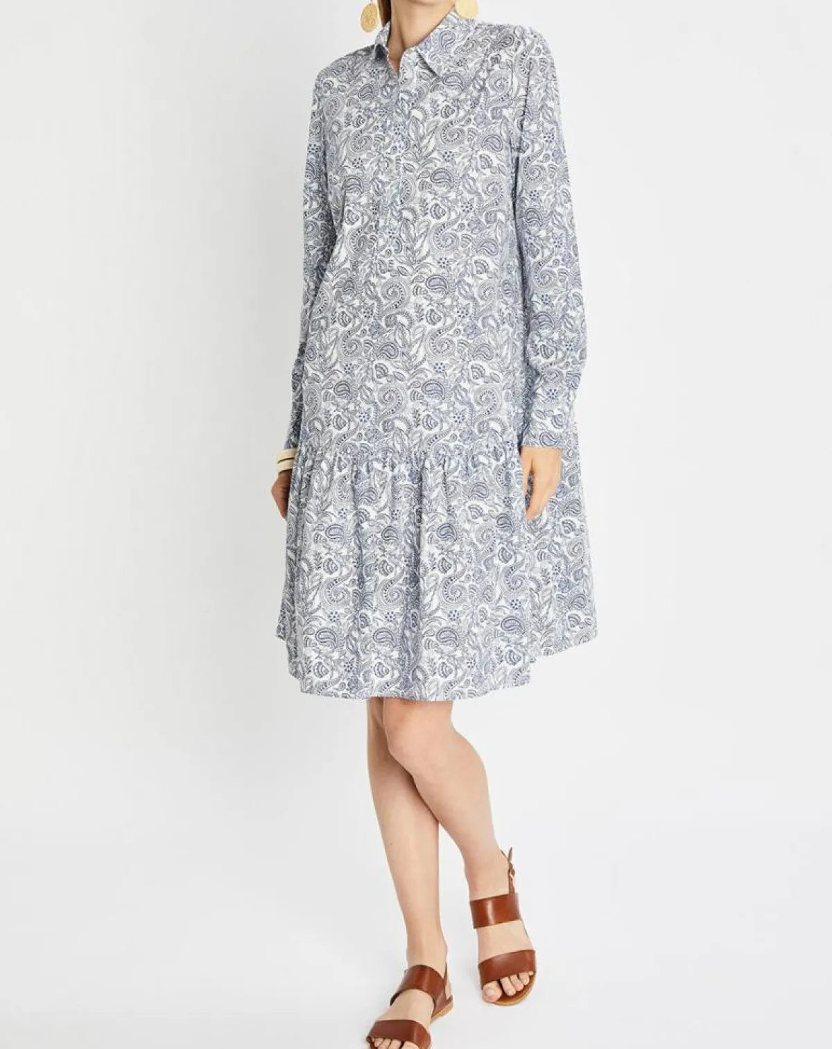 Marc O'Polo Robes|Robe chemise à volant imprimée bleu/blanc