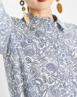 Marc O'Polo Robes|Robe chemise à volant imprimée bleu/blanc