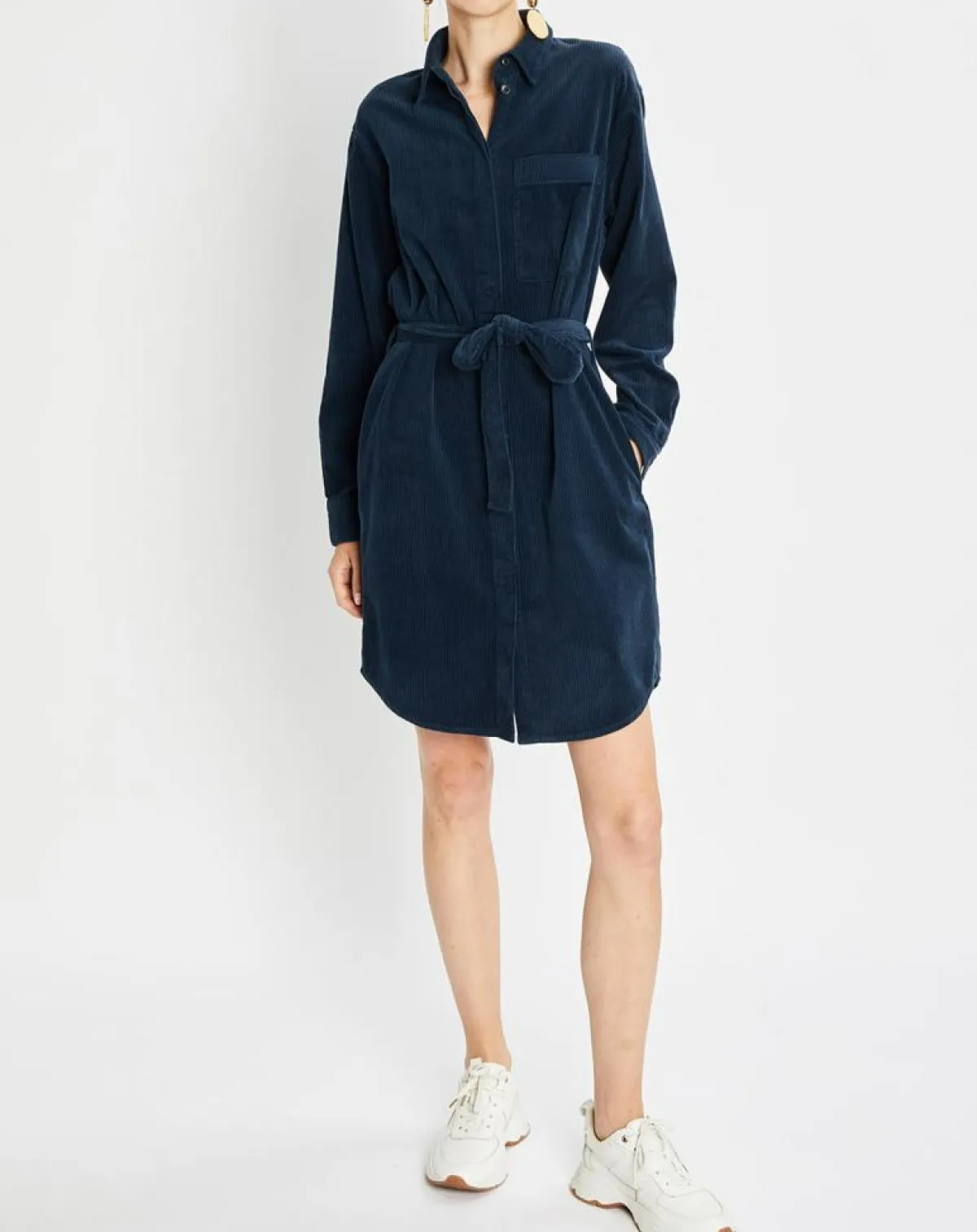Marc O'Polo Robes|Robe Chemise en Velours côtelé ceinturé bleu marine