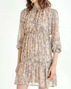 Suncoo Robes|Robe courte Cali lurex imprimée beige