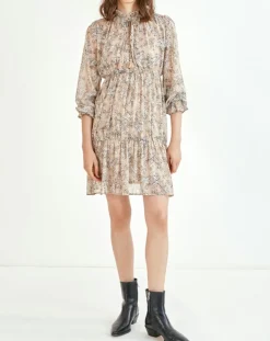 Suncoo Robes|Robe courte Cali lurex imprimée beige