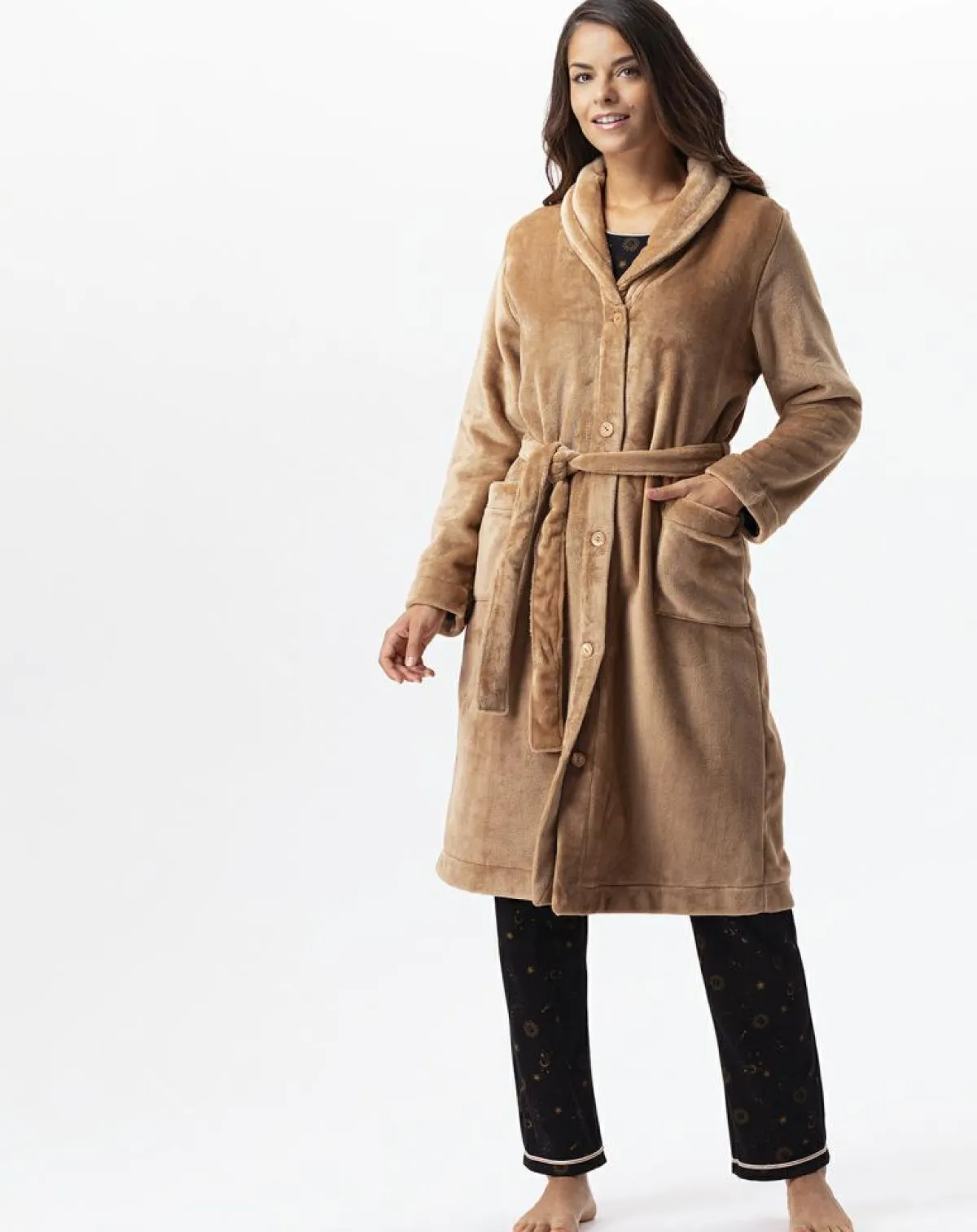 Le Chat Lingerie, Nuit|Robe de chambre en peluche flanelle Essentiel dorée