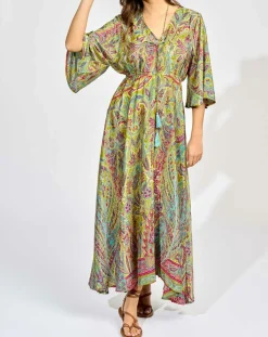 Lauren Vidal Robes|Robe en Soie mélangée Kylan vert/multicolore