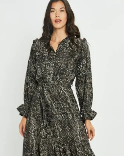 Lauren Vidal Robes|Robe en Soie mélangée Sasha imprimée jaipur noire