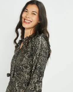 Lauren Vidal Robes|Robe en Soie mélangée Sasha imprimée jaipur noire