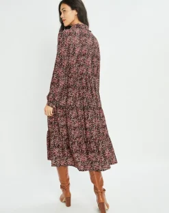 Lauren Vidal Robes|Robe en Soie mélangée Soan imprimée étoile rouge/noir