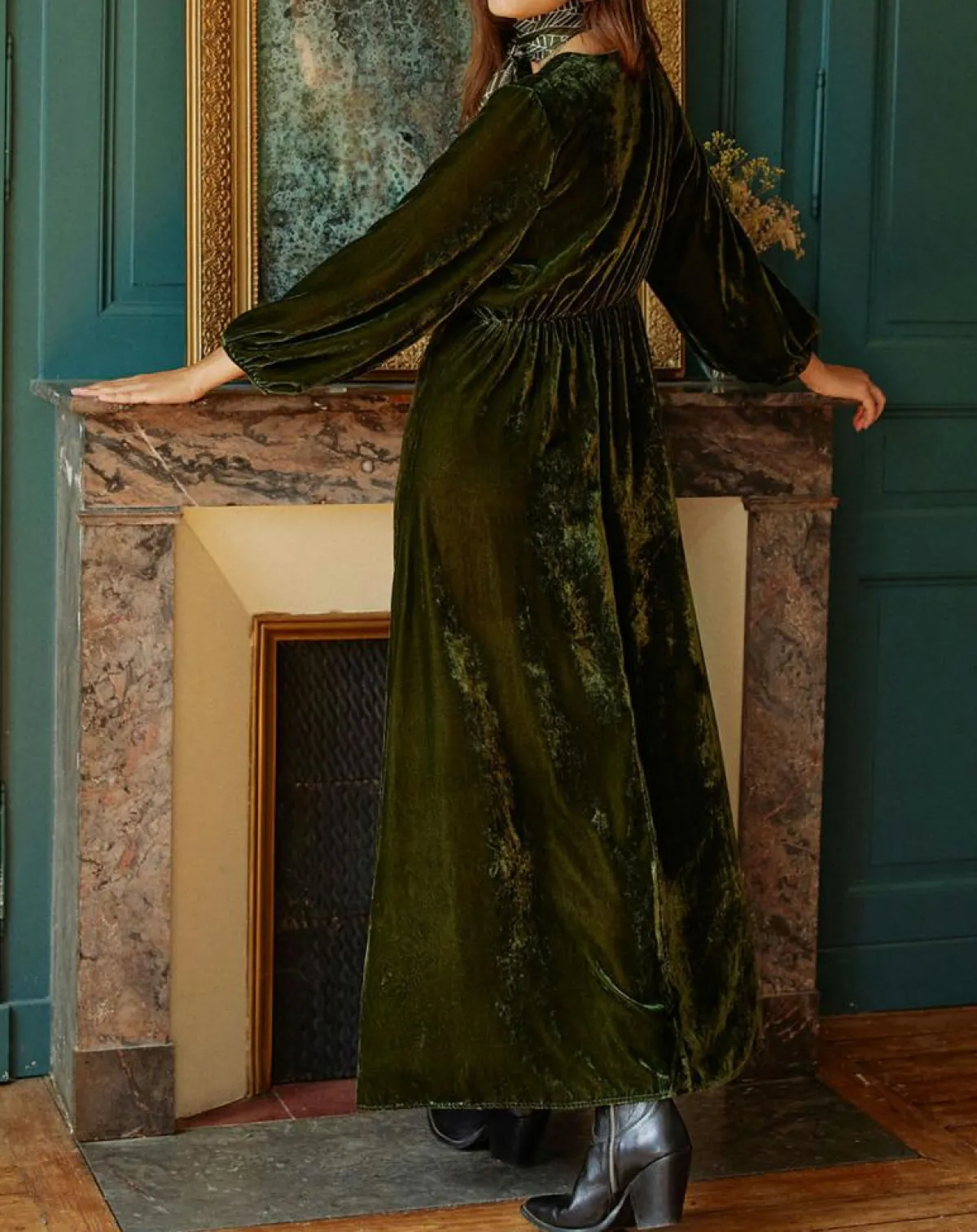 Lauren Vidal Robes|Robe en Velours Solo verte