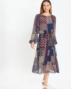 Marc O'Polo Robes|Robe en voile Klook imprimée bordeaux/marine