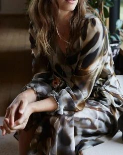 Lauren Vidal Robes|Robe en voile Moon imprimée fumée marron