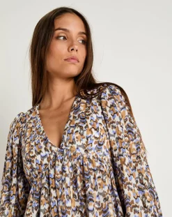 See u Soon Robes|Robe Esmée satinée imprimée beige/bleu