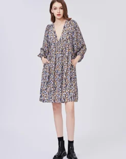 See u Soon Robes|Robe Esmée satinée imprimée beige/bleu