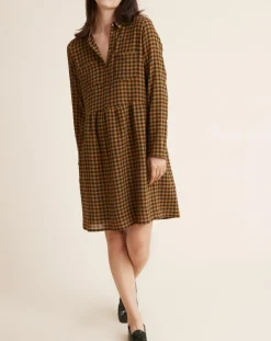 Cyrillus Robes|Robe Etamine Laine mélangée à carreaux vert moyen/camel