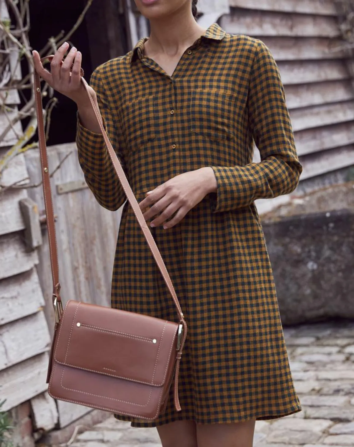 Cyrillus Robes|Robe Etamine Laine mélangée à carreaux vert moyen/camel