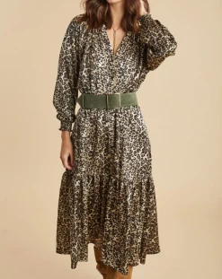 Lauren Vidal Robes|Robe fluide Store imprimée wild beige/noir