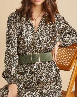 Lauren Vidal Robes|Robe fluide Store imprimée wild beige/noir