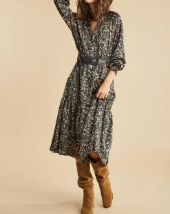 Lauren Vidal Robes|Robe fluide Store imprimée military noire