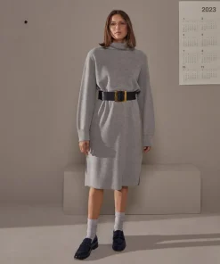 Rodier Robes|Robe Jasmine, droite, col roulé gris moyen