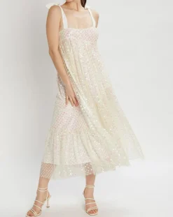 Manoush Robes|Robe longue brodée Baby Flower écru/rose