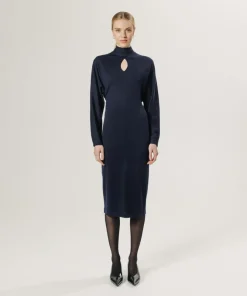 Rodier Robes|Robe longue Gwenaëlle 100% laine ceinture bleu marine