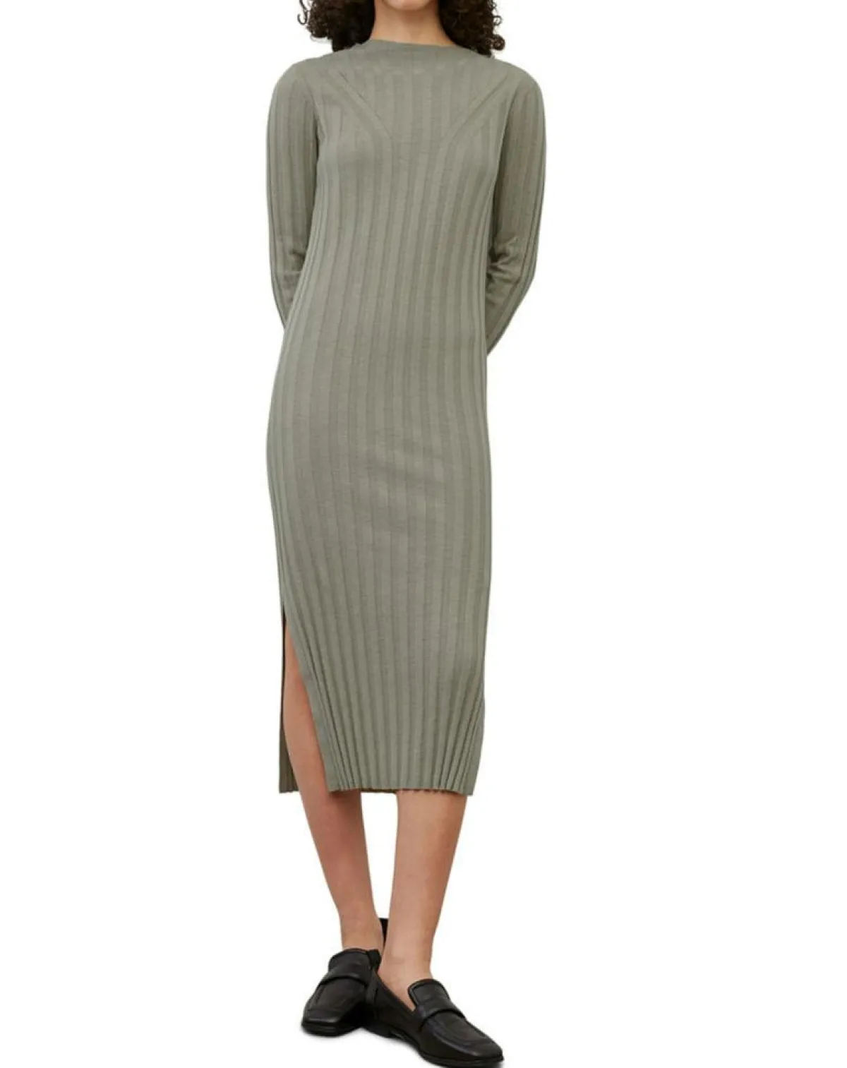 Marc O'Polo Robes|Robe maxi en Coton & Lin Cotelé beige foncé