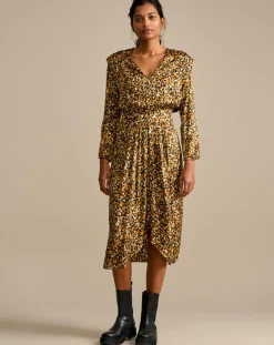 Bellerose Robes|Robe midi effet satiné Annie léopard dorée/marron