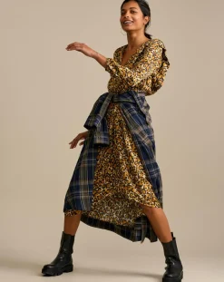 Bellerose Robes|Robe midi effet satiné Annie léopard dorée/marron