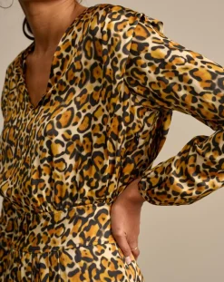 Bellerose Robes|Robe midi effet satiné Annie léopard dorée/marron