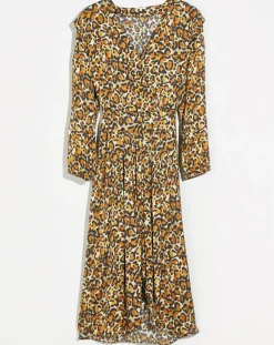 Bellerose Robes|Robe midi effet satiné Annie léopard dorée/marron