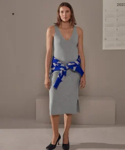 Rodier Robes|Robe Paulette col V côtelée gris moyen