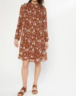 Esprit Robes|Robe plissée à imprimé fleurs marron/bleu