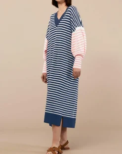 Galeries Lafayette Robes|Robe pull marinière 100% Cachemire Fabia col V rayures marine/écru/rose