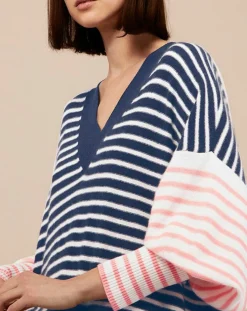 Galeries Lafayette Robes|Robe pull marinière 100% Cachemire Fabia col V rayures marine/écru/rose