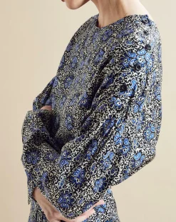 Chloé Stora Robes|Robe satinée Naima imprimée bleu/noir/écru