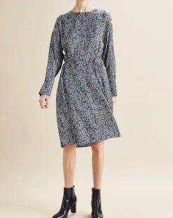 Chloé Stora Robes|Robe satinée Naima imprimée bleu/noir/écru