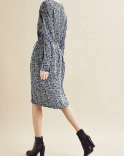 Chloé Stora Robes|Robe satinée Naima imprimée bleu/noir/écru