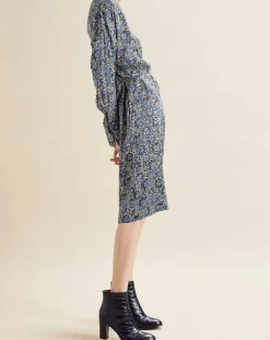 Chloé Stora Robes|Robe satinée Naima imprimée bleu/noir/écru