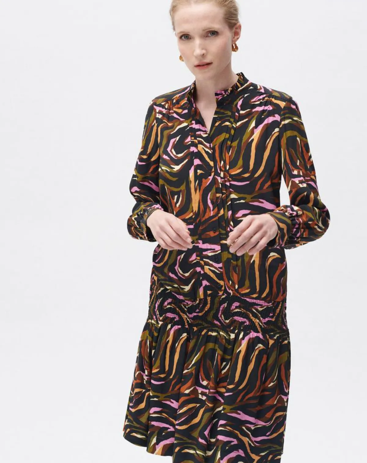 Caroll Robes|Robe Sybil imprimée cognac