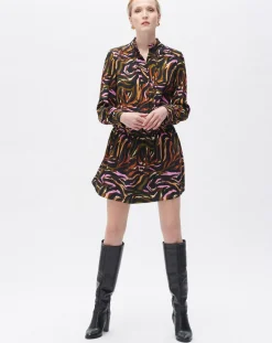 Caroll Robes|Robe Sybil imprimée cognac