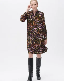 Caroll Robes|Robe Sybil imprimée cognac