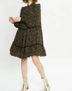 Scotch & Soda Robes|Robe évasée col smockée imprimé floral multicolore