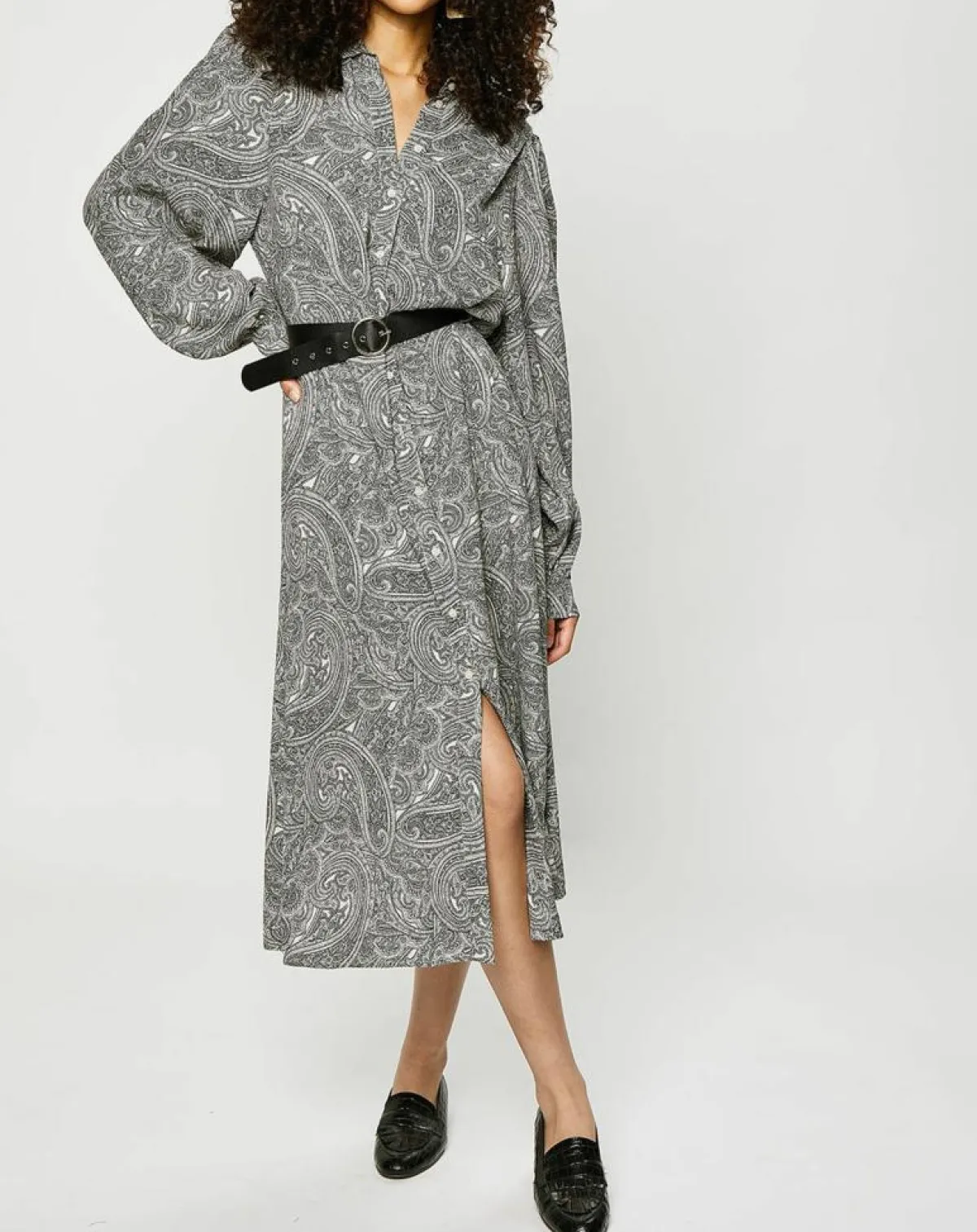 Esprit Robes|Robe-chemise à ceinture et imprimé cachemire blanc/gris