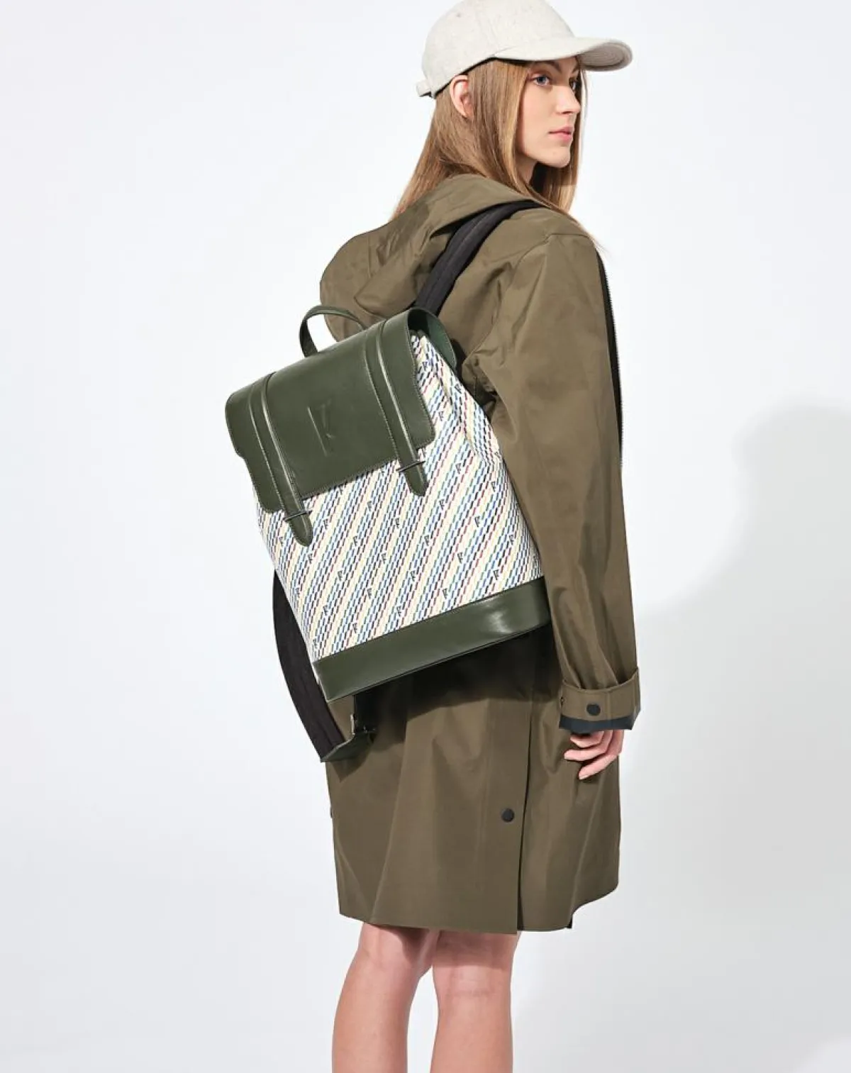 Maison Faret Sacs|Sac à dos en Toile enduite & Cuir Ferret vert/multicolore - 40x29x13 cm