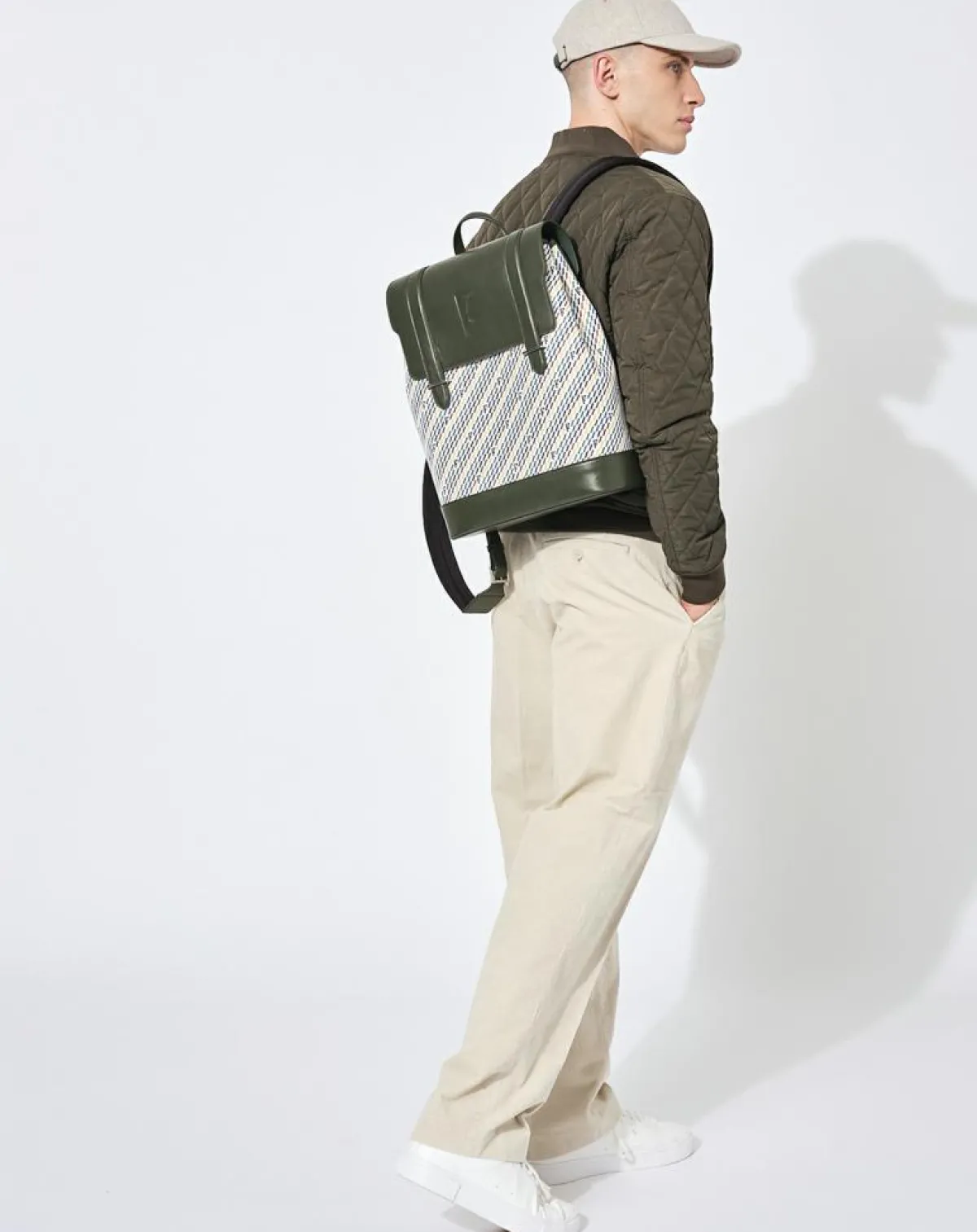 Maison Faret Sacs|Sac à dos en Toile enduite & Cuir Ferret vert/multicolore - 40x29x13 cm