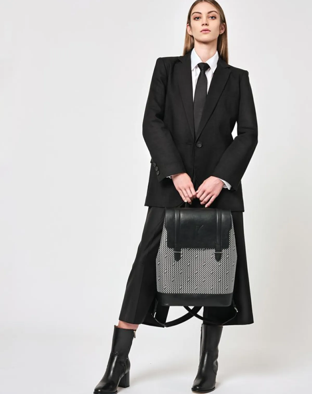 Maison Faret Sacs|Sac à dos en Toile enduite & Cuir Ferret noir/blanc - 40x29x13 cm