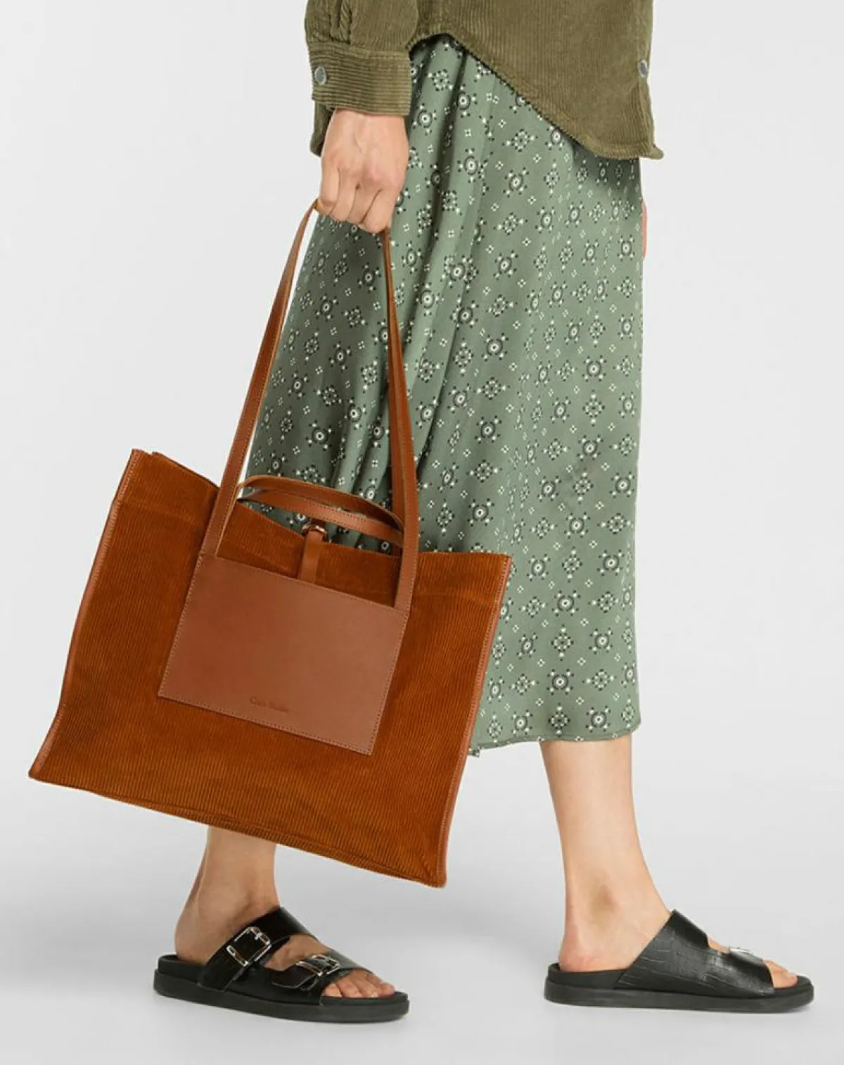 Craie Sacs|Sac cabas en Velours côtelé Dessin marron